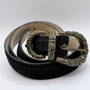 Vintage Ben Amun Suede Leather Belt – Sculptural Brass Buckle – Style 1003